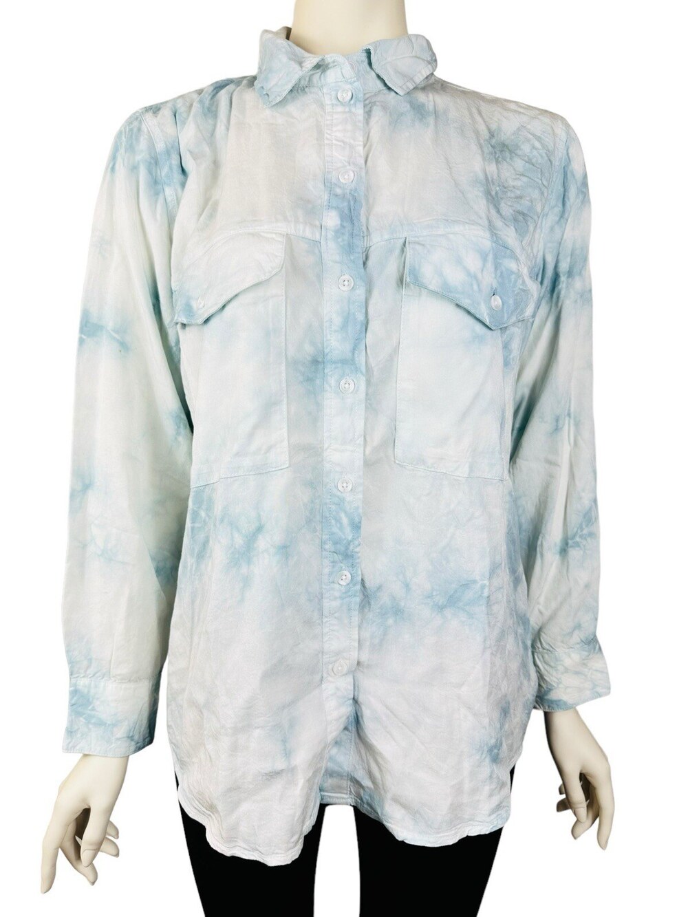 Sanctuary Boyfriend Button Up Shirt Women's XS Sky Blue White Tie Dye
